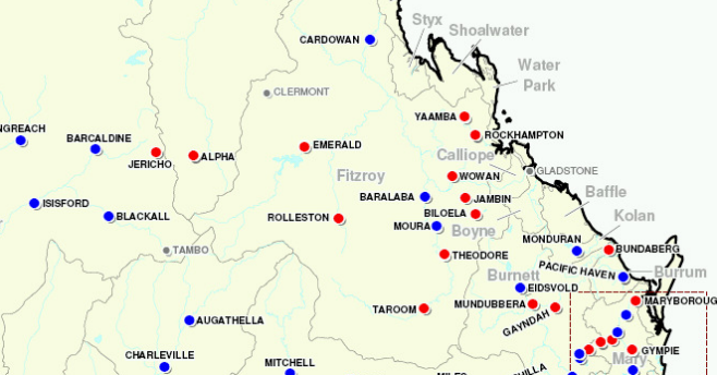 Location map - 2011 Emerald (Red dots - flood inundated towns. Blue dots - flood affected towns)